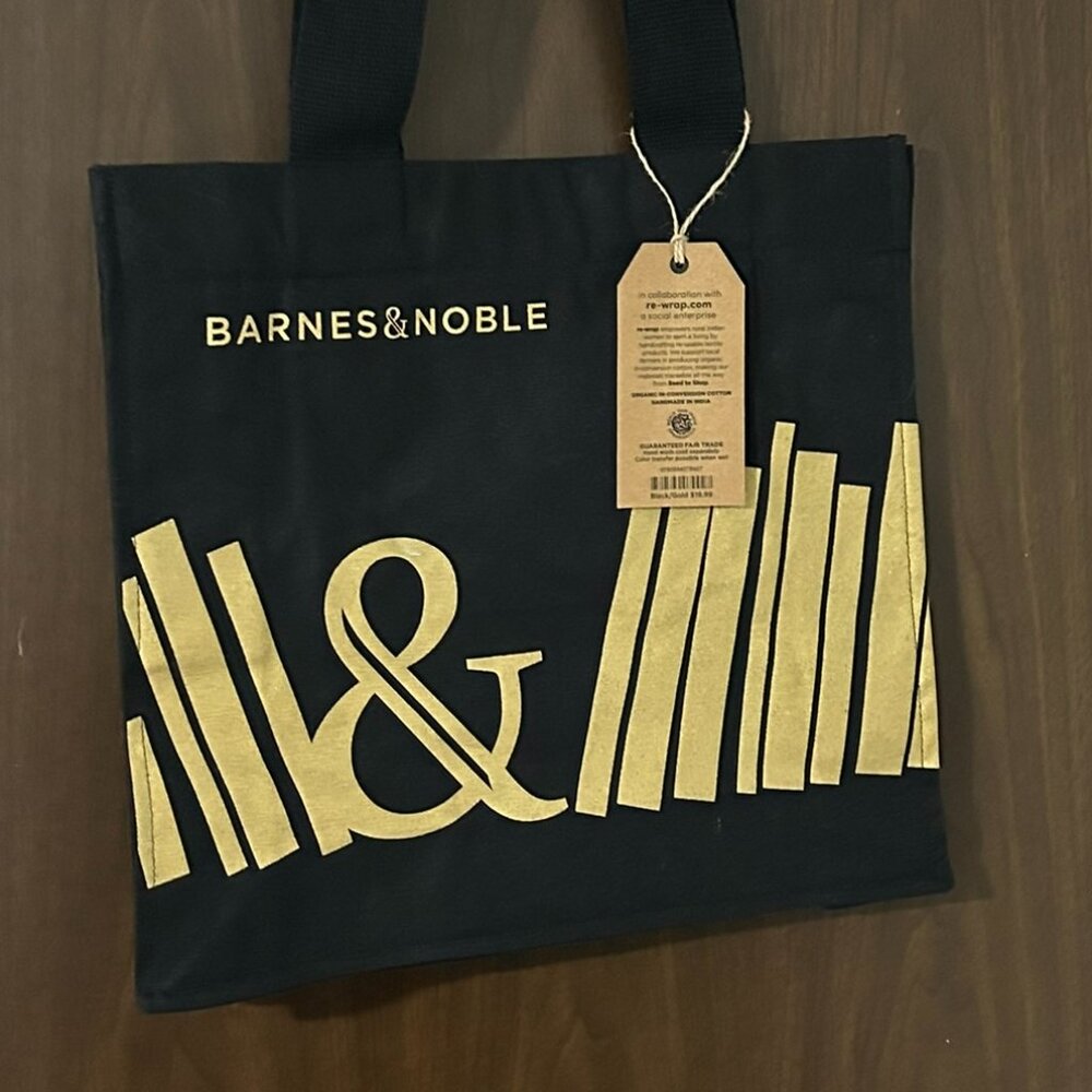 Barnes & Noble Book Tote Bag 100% Organic Cotton Black and Gold NWT